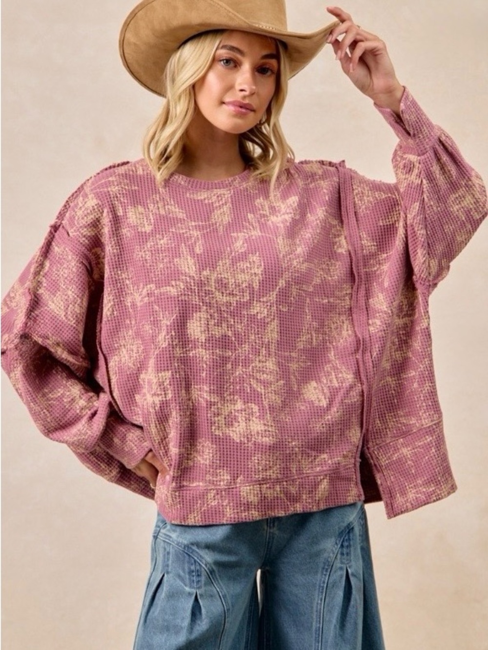 Oversized Waffle Knit Vintage Dusty Rose and Cream Pullover Boho Sweatshirt